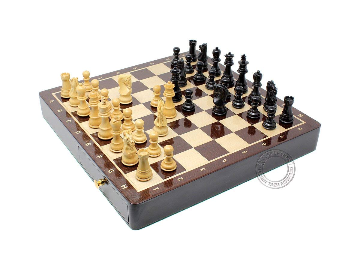 Ebony Wood / Boxwood Chess Pieces on 15" Wenge Wood board