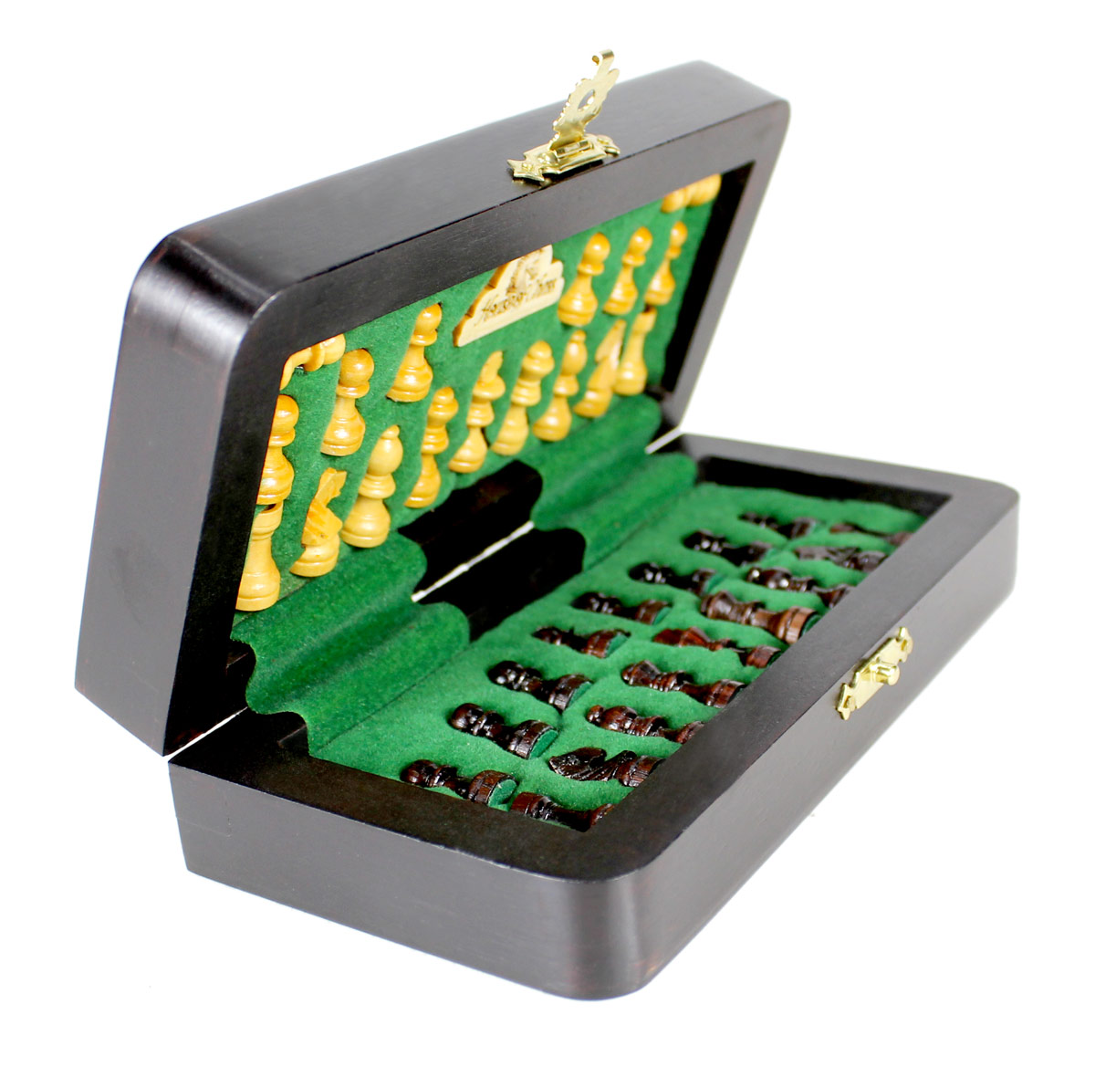 Chess pieces fitted in special inserts made according to the shape of the chess pieces.