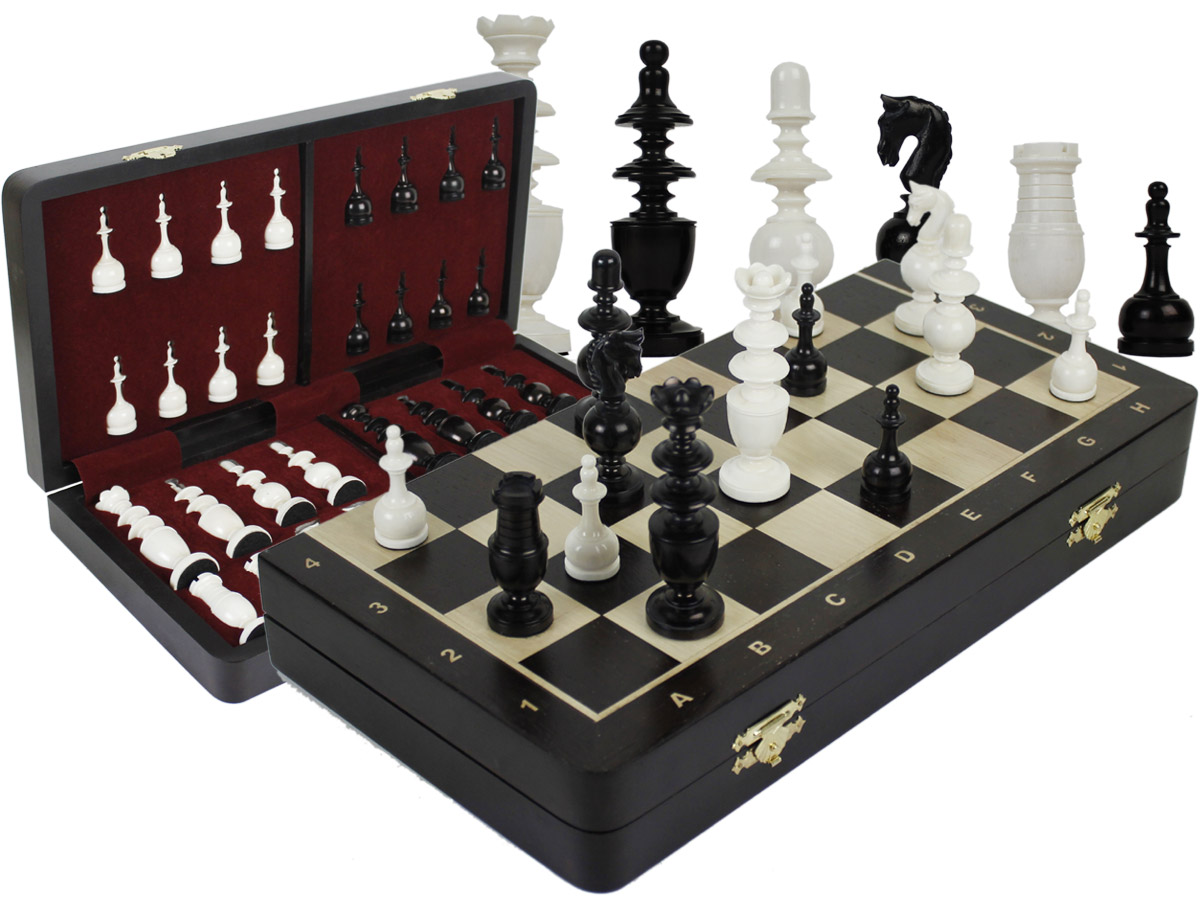 French Regence Camel Bone 4" Chess Pieces & 16" Folding Wenge Wood Board with Inlaid Maple Algebraic Notations