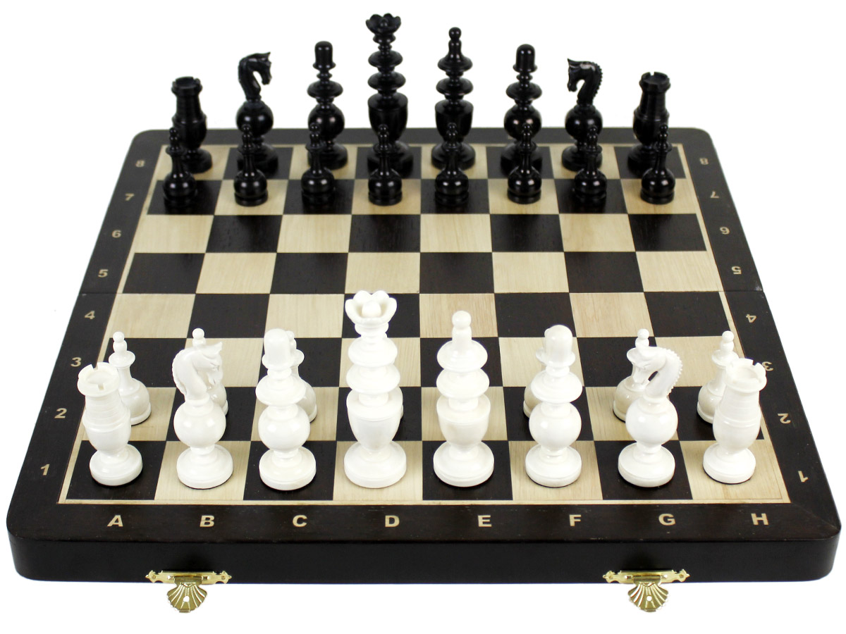 Front view of camel bone chess set and wenge wood board