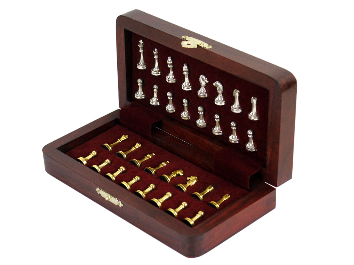 Inner view of chess box with pieces inside tray