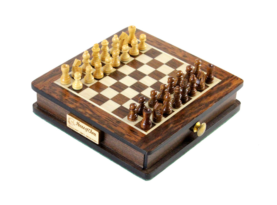Pocket Magnetic Chess Set 5" with Pull Drawer in Golden Rosewood / Maple