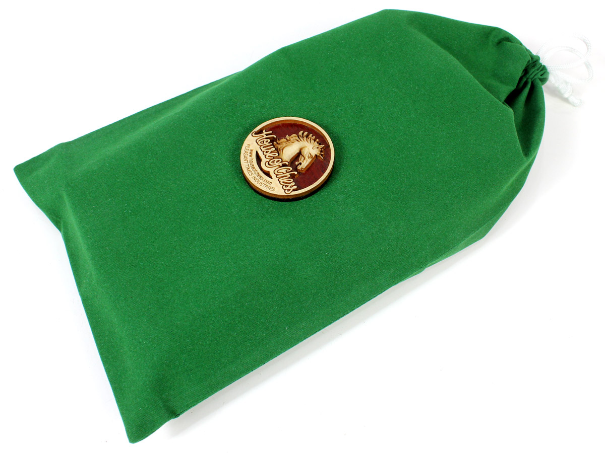 Green Velvet pouch with Wooden House of Chess Logo